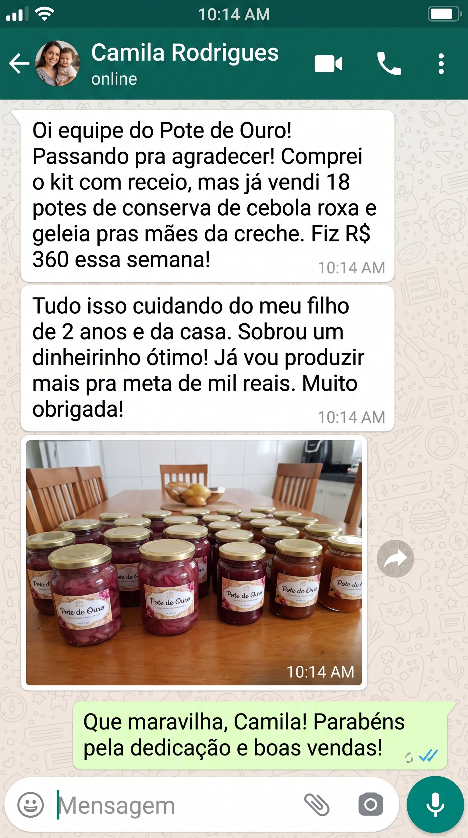 Print de depoimento no WhatsApp da Camila